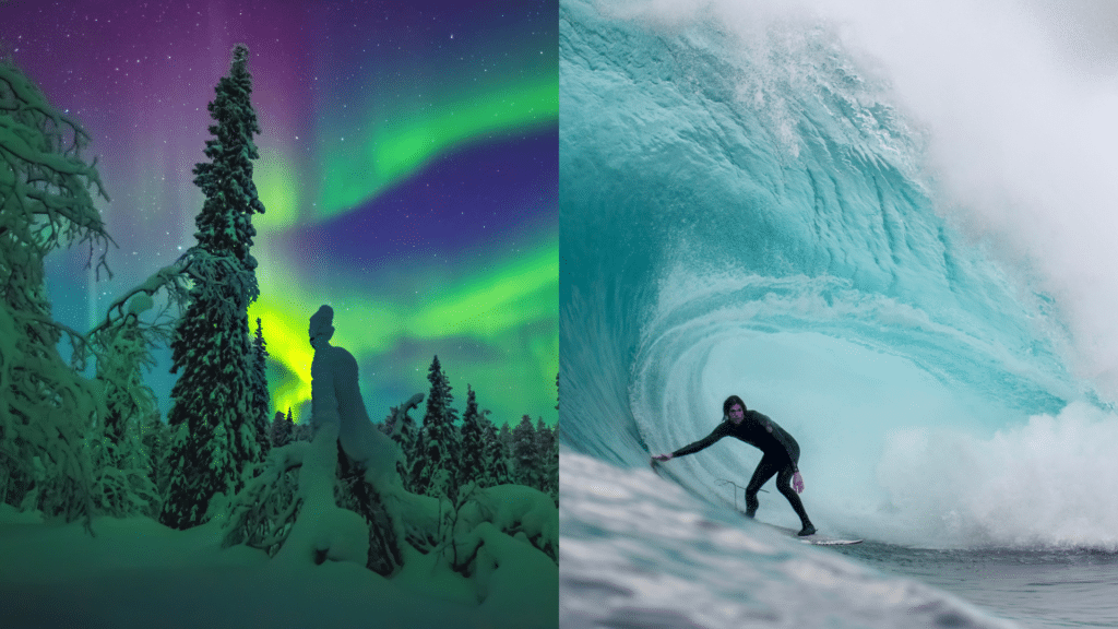 des aurores boréales à gauche et un surfeur à droite